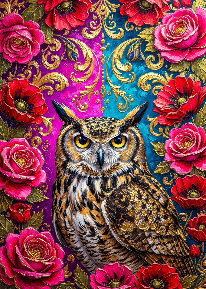 Owl Portrait with Floral Ornament