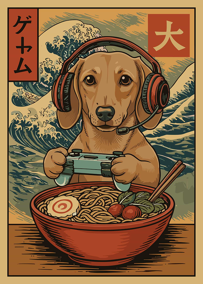 Dachshund Gamer Ramen Poster, Japanese Dog Art Print, Cute Gaming Anime Wall Decor