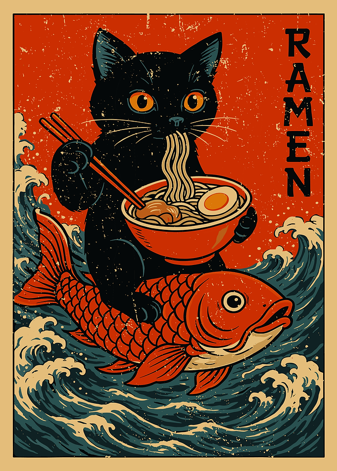 Black Cat Ramen Poster, Koi Fish Japanese Art Print, Cute Anime Food Wall Decor