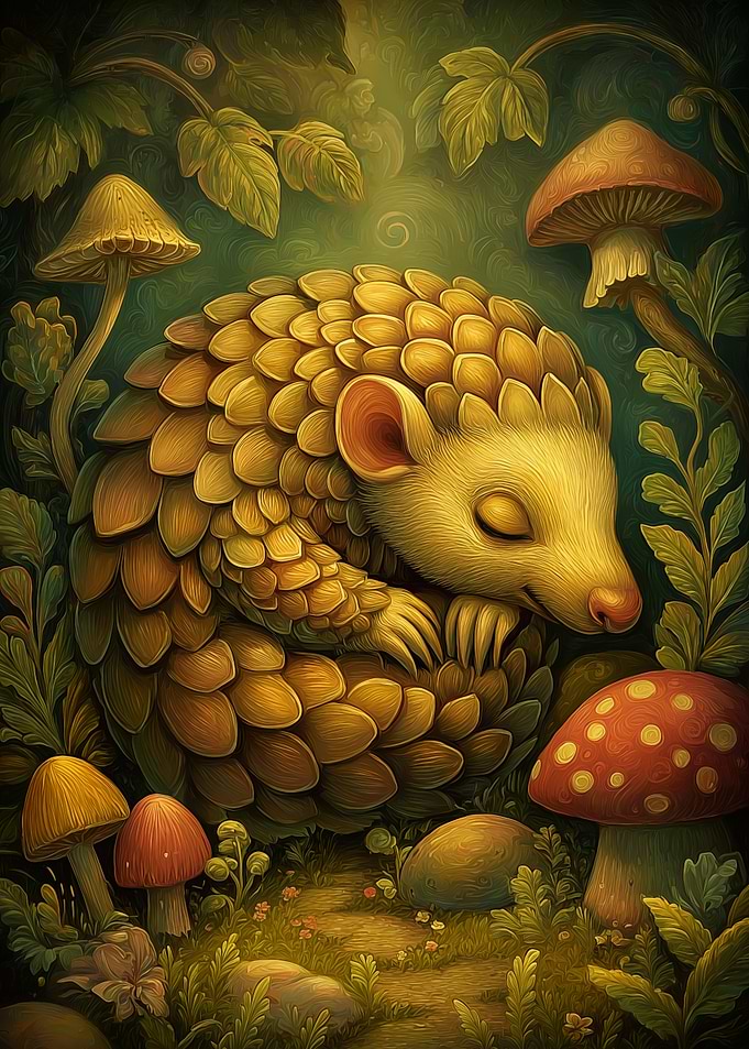 Sleeping Pangolin in Enchanted Forest