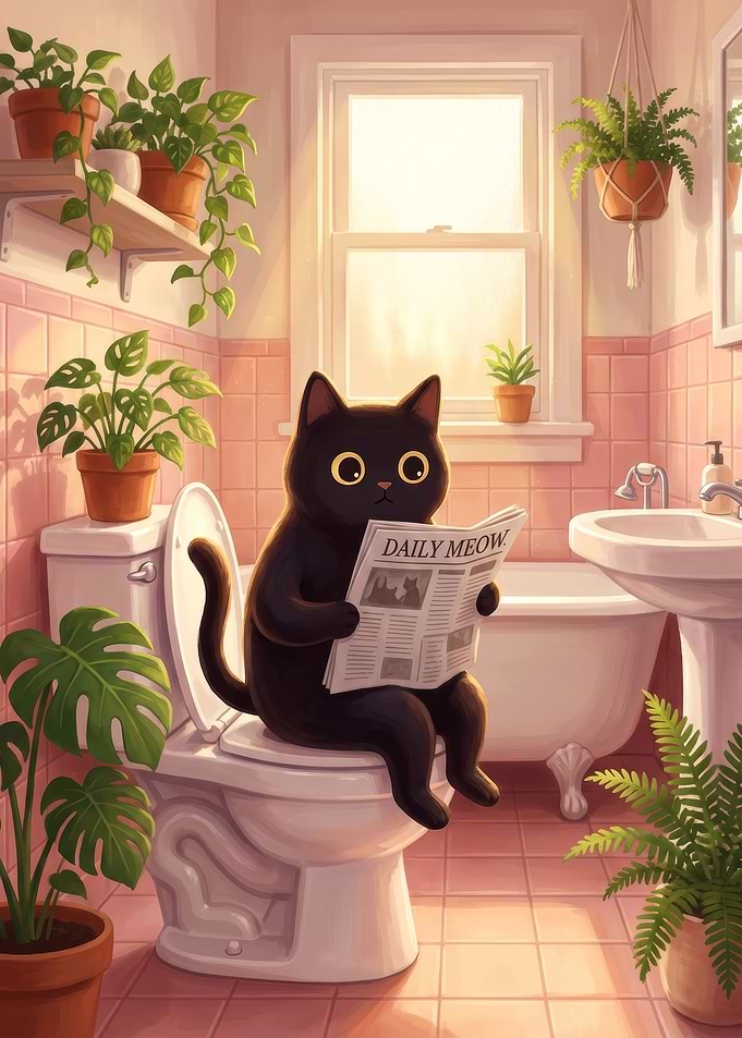 Cat Reading Newspaper on Toilet