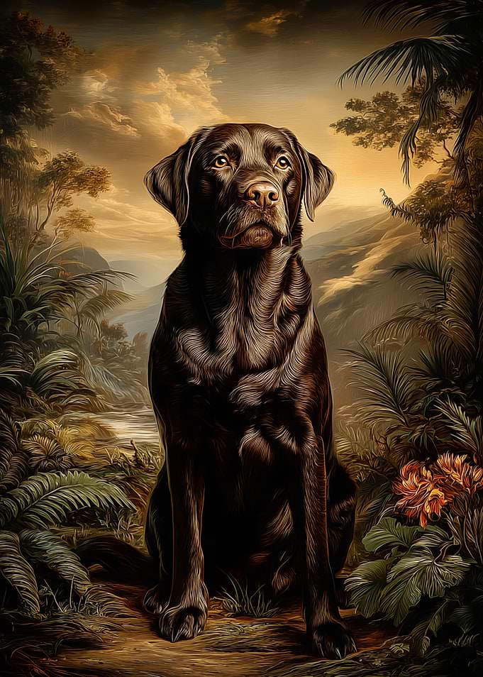 Chocolate Labrador in Tropical Landscape