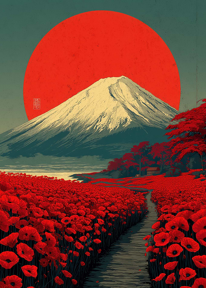 Mount Fuji and Poppy Field