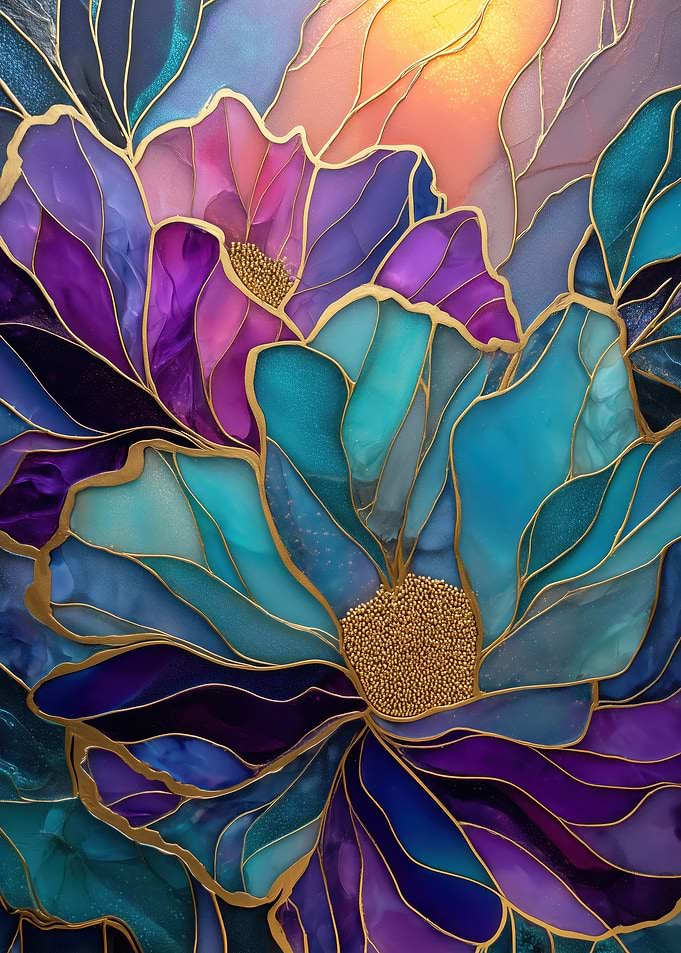 Floral Abstract with Gold Outlines