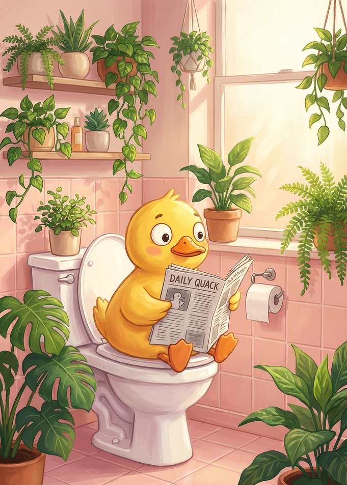 Duck Reading Newspaper on Toilet