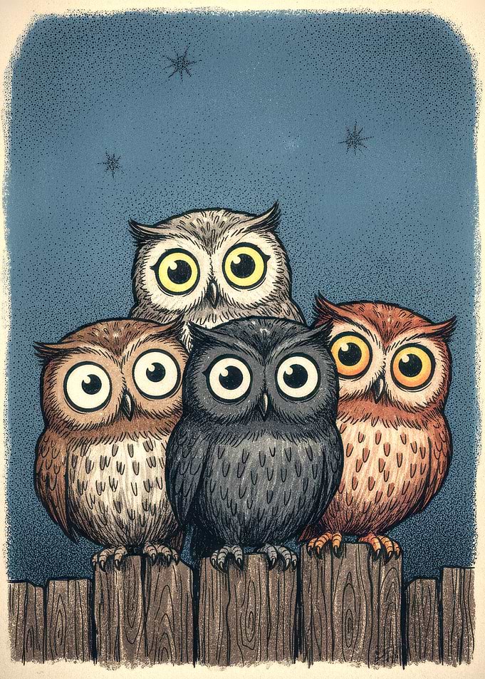 Four Owls on a Fence