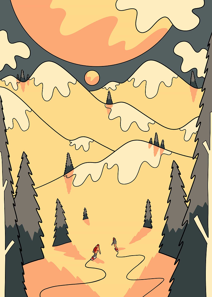 Skiing in the Mountains Illustration