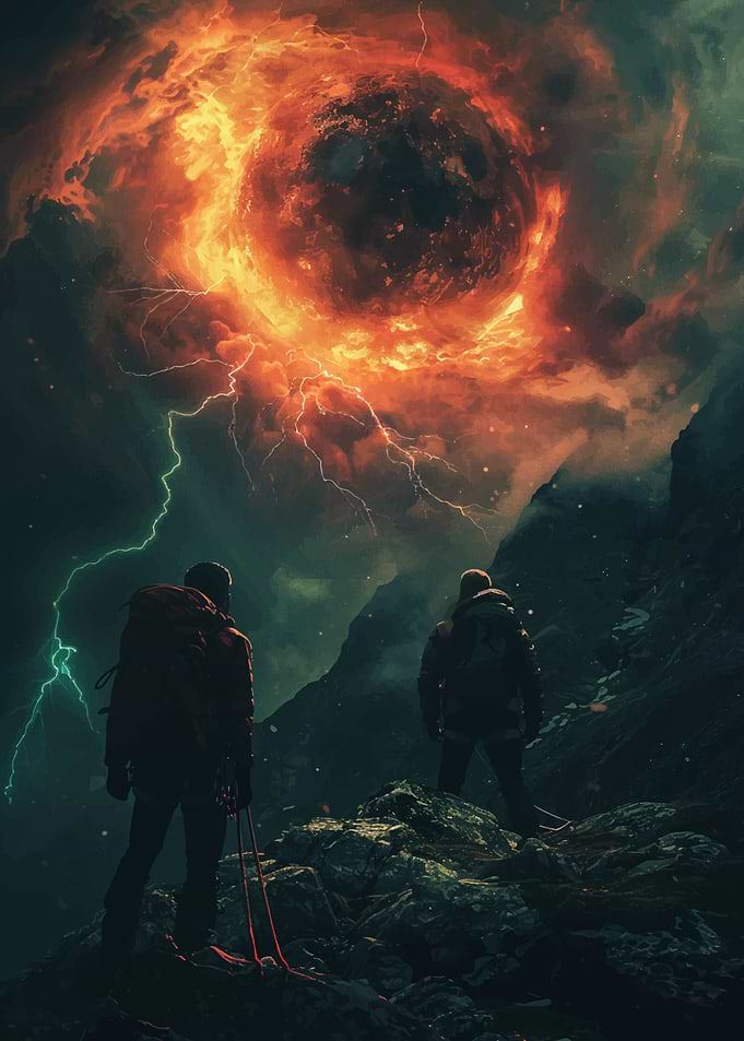 Mountain Climbers and Fiery Sky