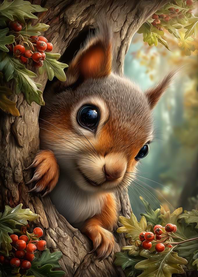 Cute Squirrel Peeking from Tree Hollow