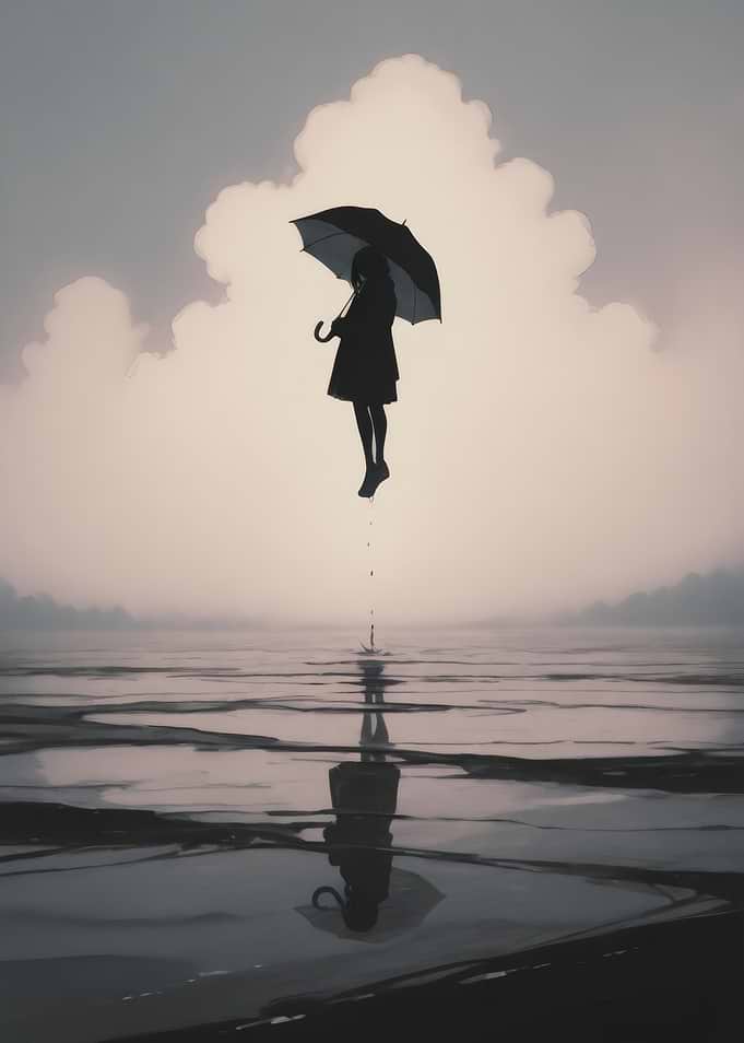 Floating anime girl with Umbrella Reflection