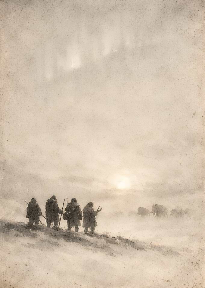 Ice Age Hunters Beneath a Faint Aurora