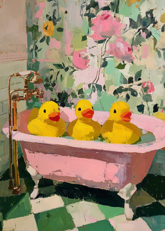 Rubber Ducks in Pink Bathtub Painting