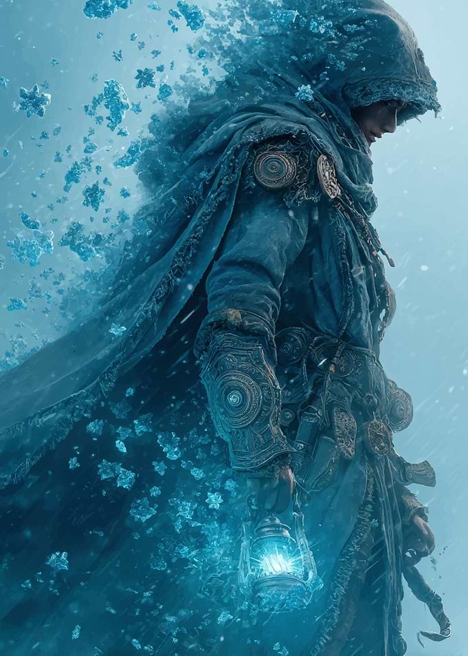 Hooded Figure with Lantern in Winter