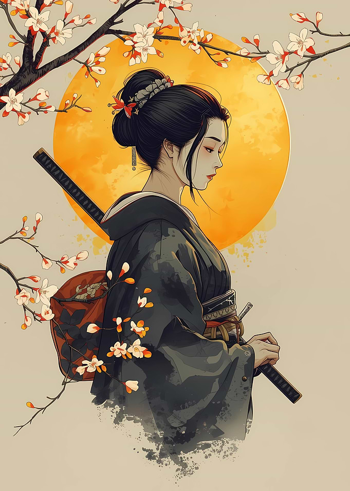 Geisha with Katana and Cherry Blossoms