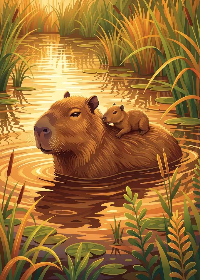 Capybara with Pup in Pond