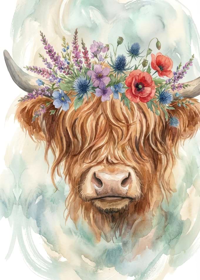 Floral Highland Cow Watercolor Portrait