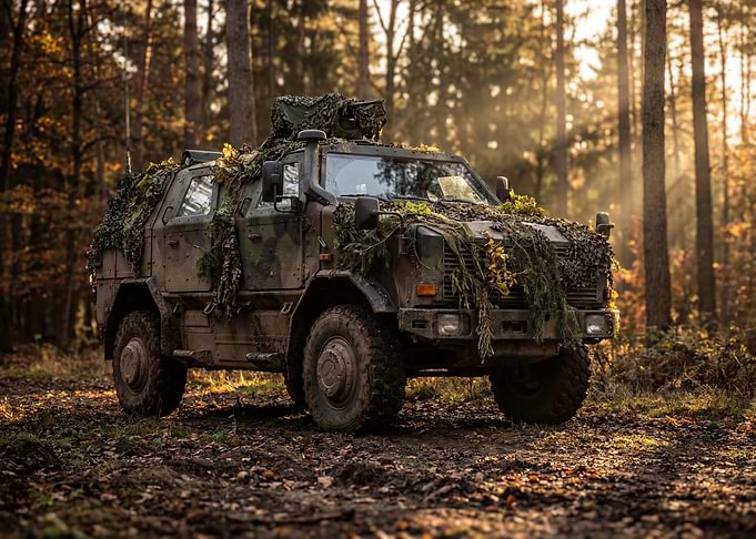 Camouflaged Military Vehicle in Forest