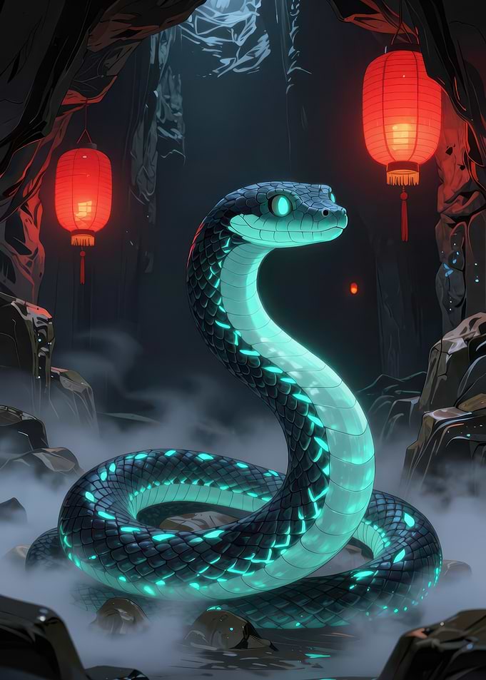 Glowing Snake in Cave with Lanterns