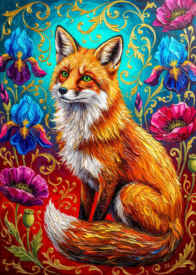 Fox with Flowers Painting