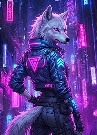Cyberpunk Wolf in Neon Cityscape