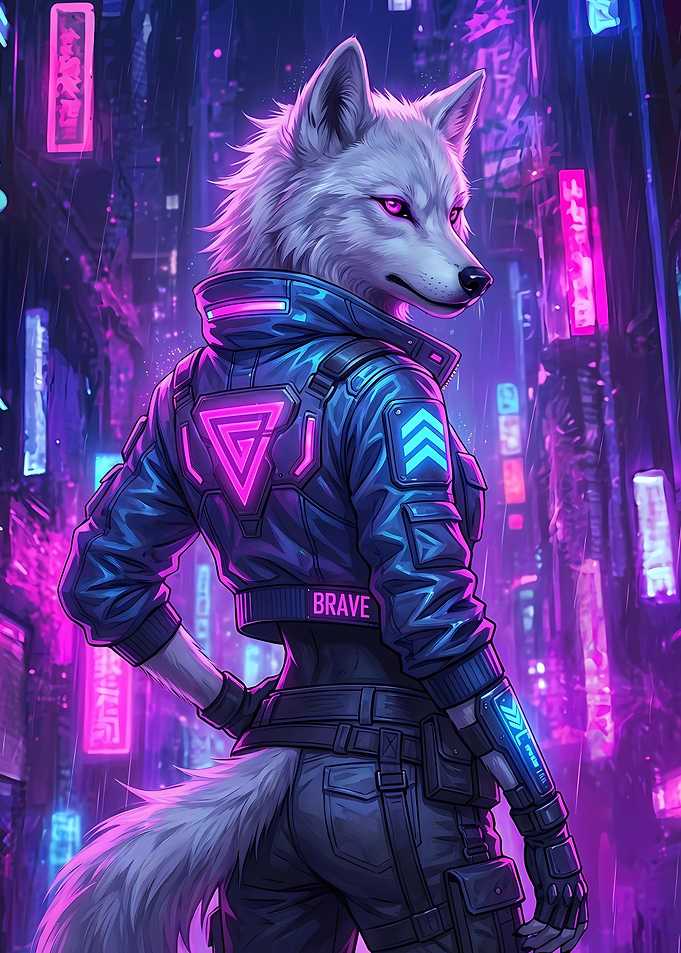 Cyberpunk Wolf in Neon Cityscape