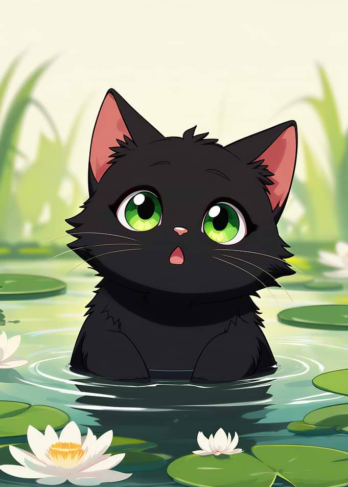 Black Cat in Lily Pond