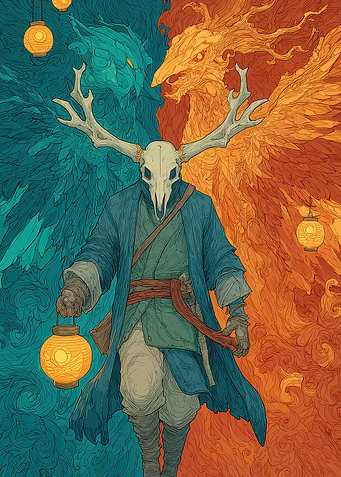 Mystical Figure with Skull Mask