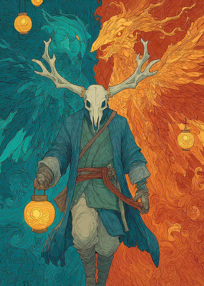 Mystical Figure with Skull Mask