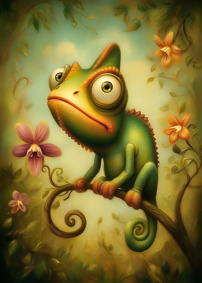 Cartoon Chameleon on Branch with Flowers