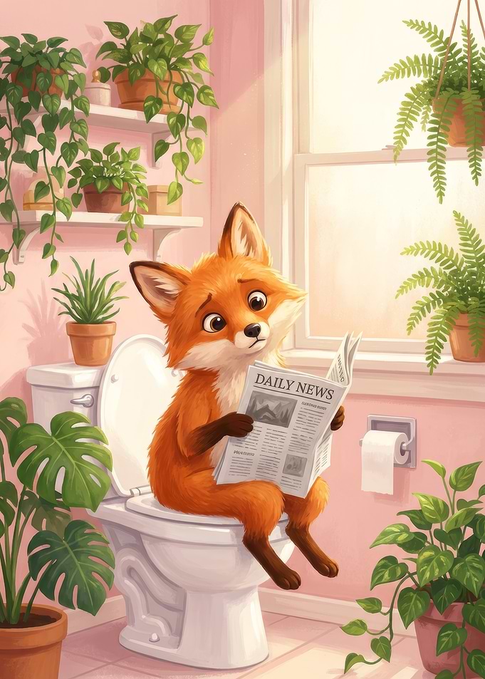 Fox Reading Newspaper on Toilet