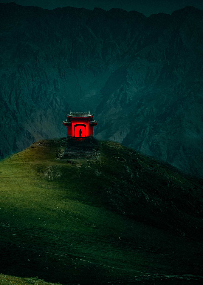 Red Pagoda on Green Hill – Surreal Mountain Landscape Art