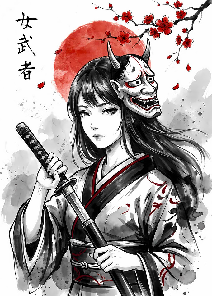 Anime Girl Warrior with Oni Mask