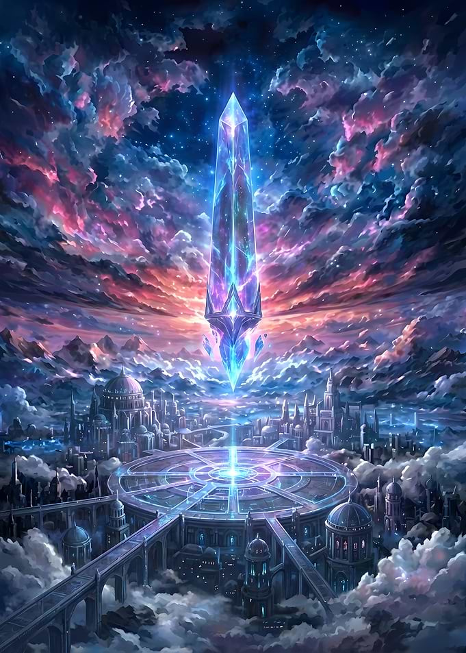 Crystal Tower over Fantasy Cityscape