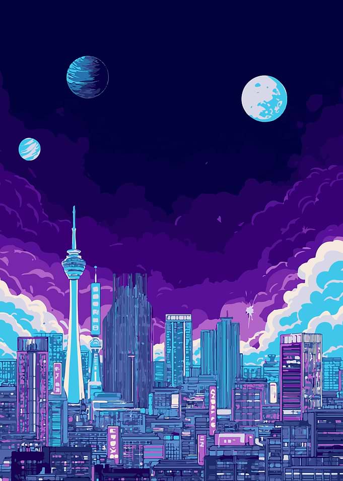 Cyberpunk Cityscape with Planets