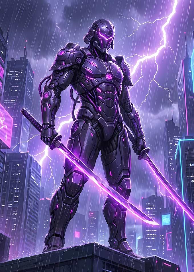 Cyberpunk Samurai in Rainy Cityscape