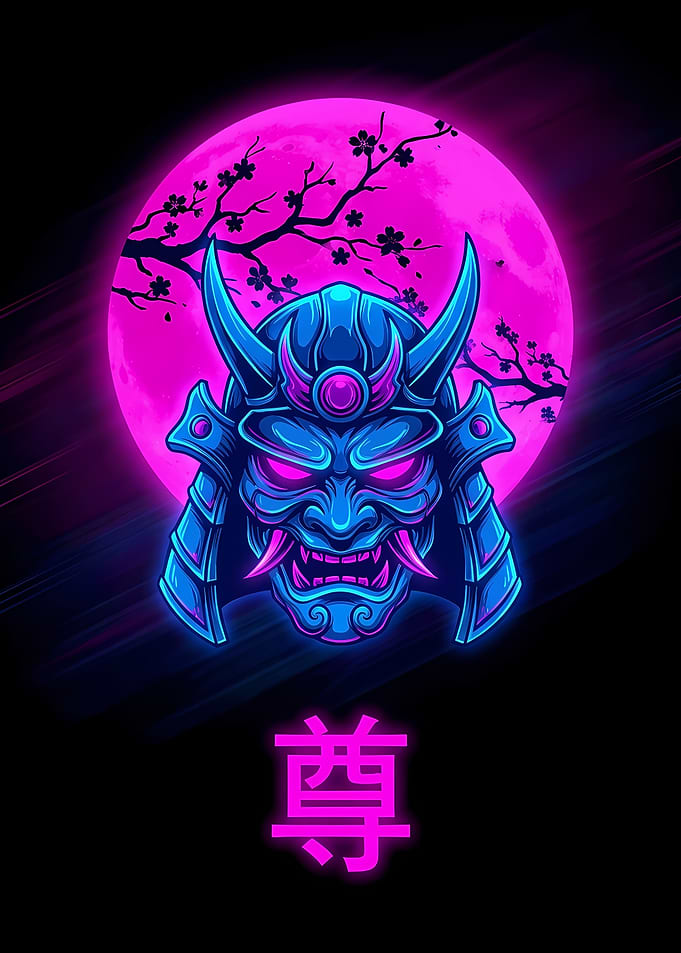 Neon Samurai Mask with Cherry Blossom Moon