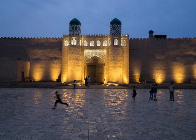 Khiva, Uzbekistan: Ancient City Gate at Night