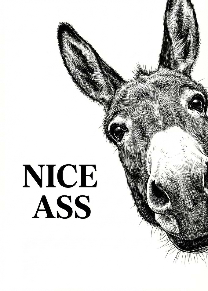 Nice Ass Funny Donkey Art Print - Humorous Black and White Sketch Wall Decor