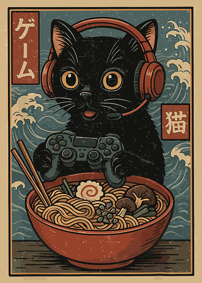 Gamer Cat Ramen Poster, Japanese Gaming Wall Art, Retro Anime Style Cat Illustration Print