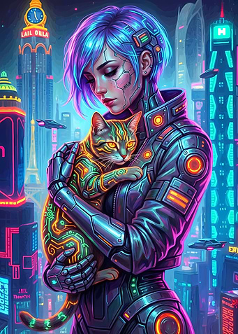 Cyberpunk Girl with Cat in Cityscape