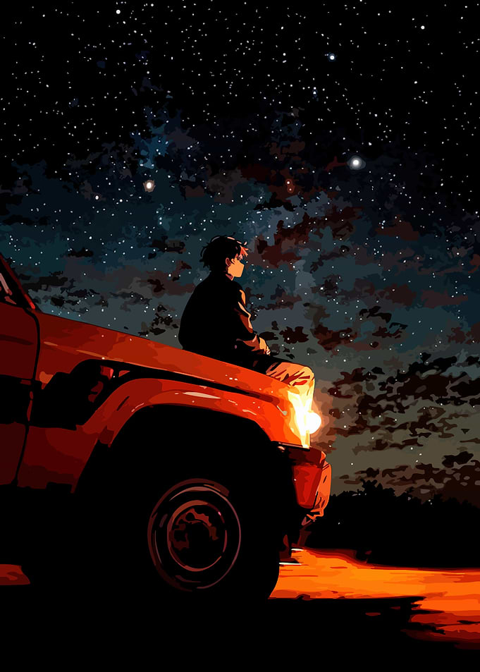 Boy on Car Hood Stargazing