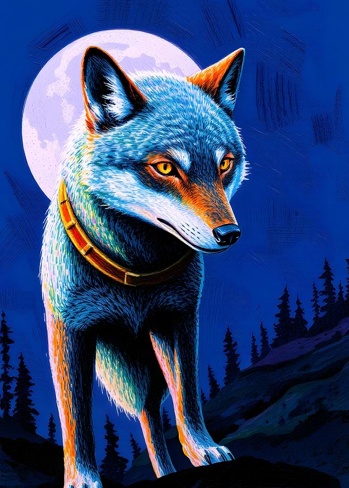 Wolf with Collar Under Moonlight