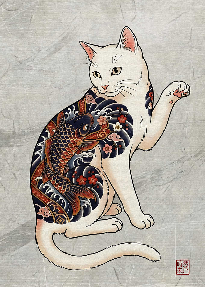 Tattooed Cat with Koi Fish Design