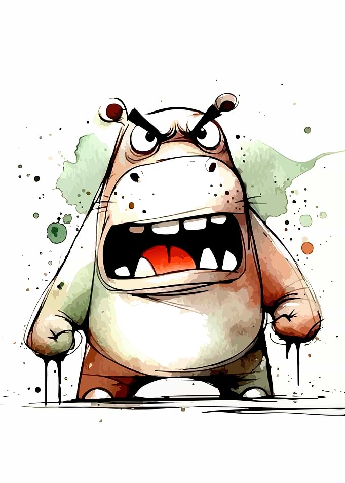 Angry Cartoon Hippo Watercolor Illustration