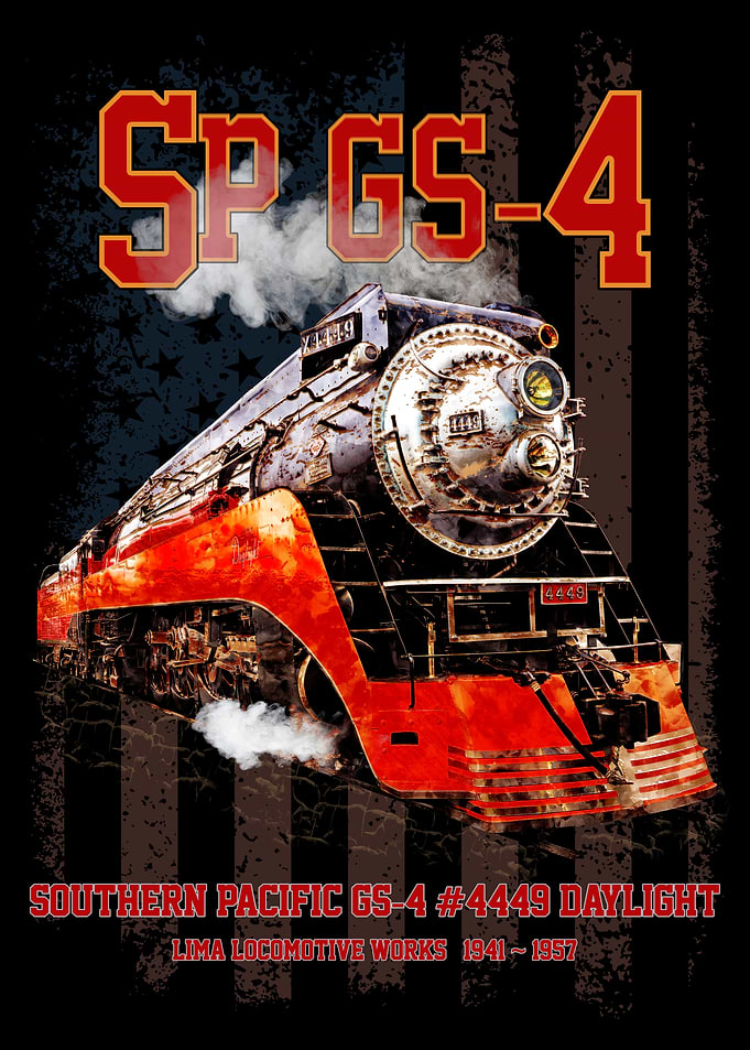 Southern Pacific GS-4 Daylight Steam Locomotive and American flag