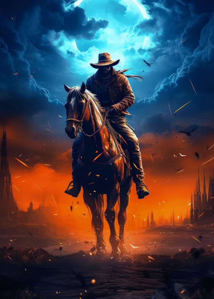 Cowboy on Horseback Under Moonlight