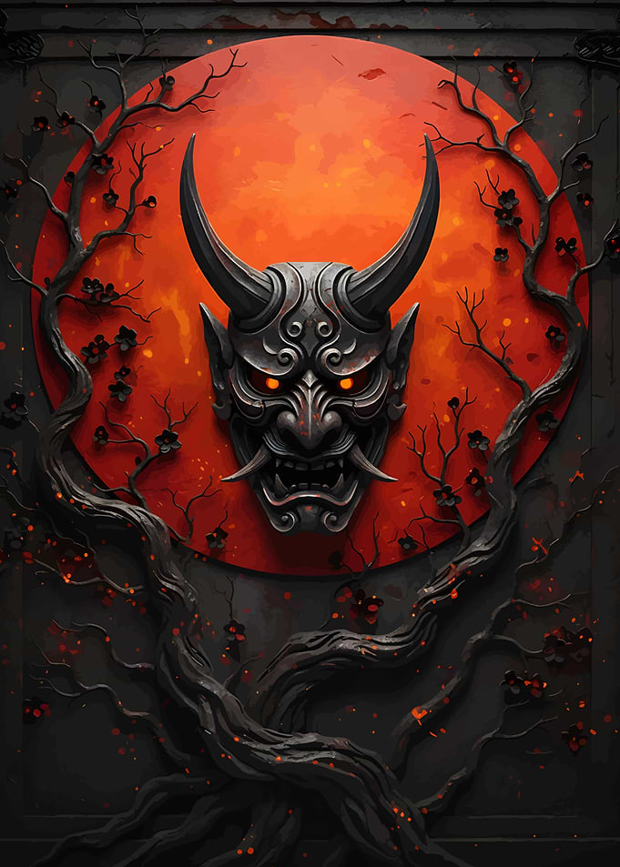 Japanese Oni Mask with Red Moon