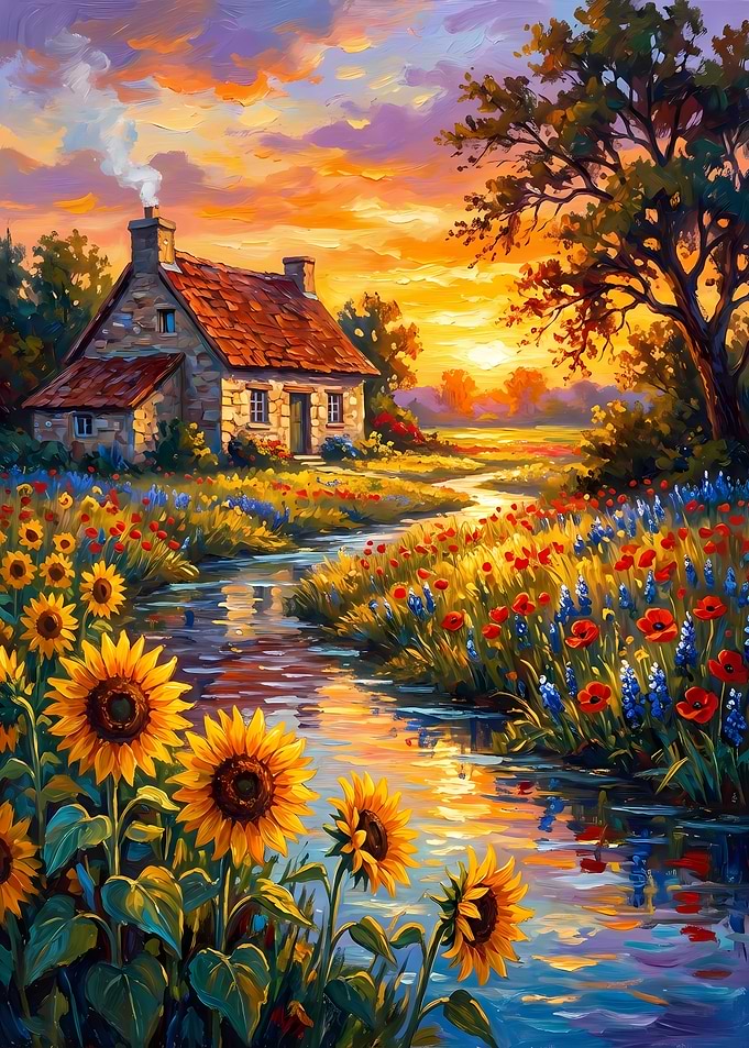 Idyllic Countryside Cottage with Sunflowers Painting