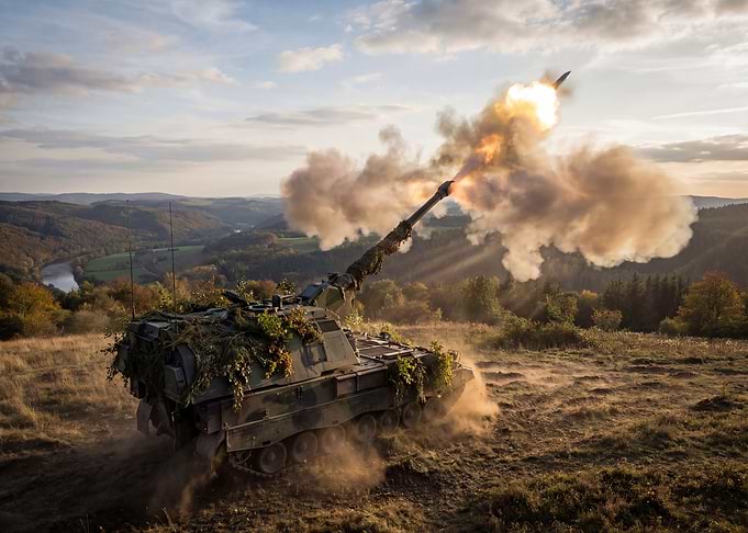 Military Tank Firing Missile in Landscape
