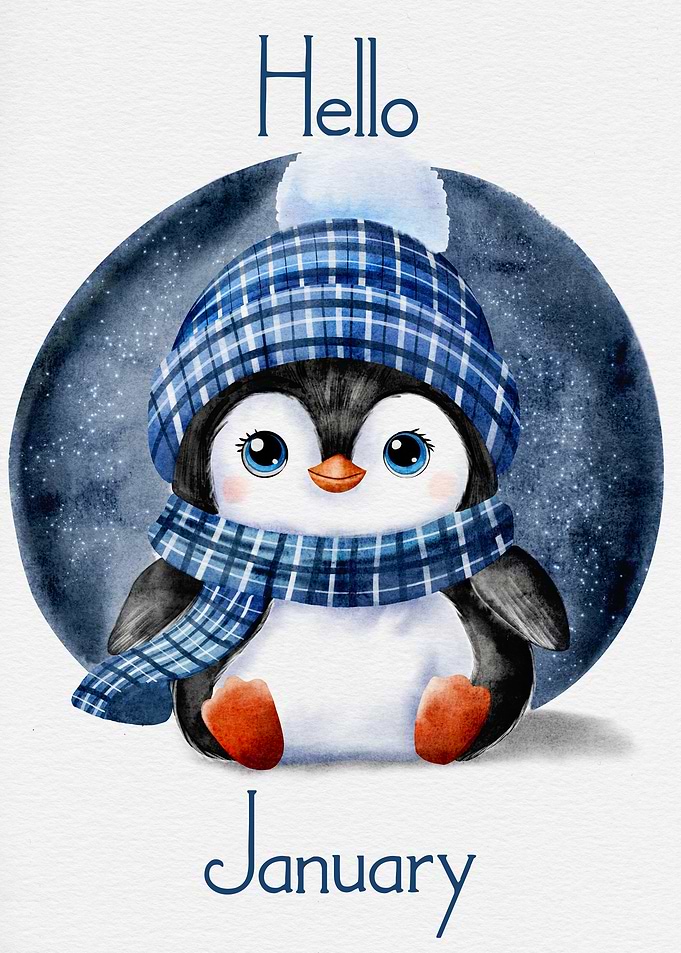 Hello January Penguin Watercolor Illustration